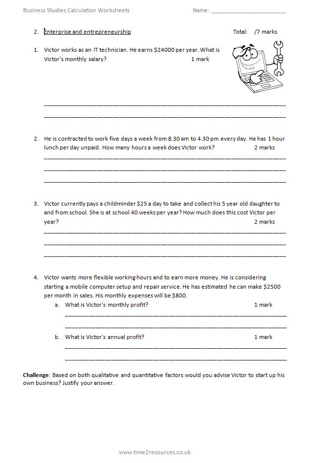 Cambridge IGCSE Business Studies 0450 Calculation Worksheets